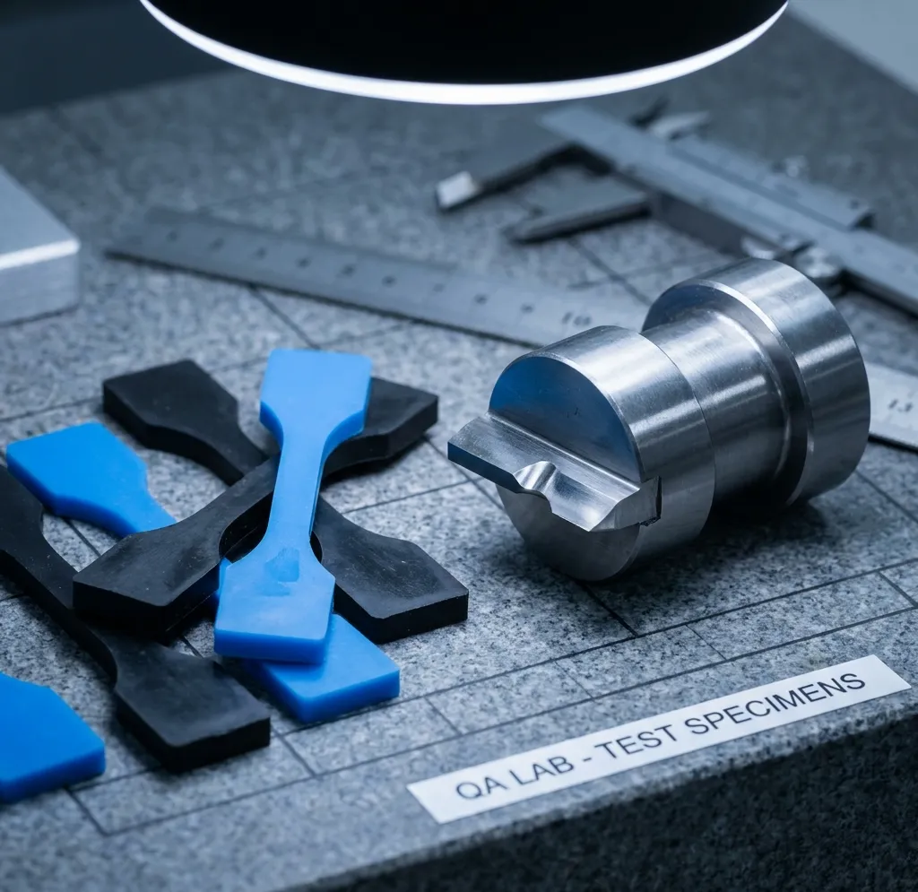 Figure 1.2: Standardized ASTM D412 Type C dogbone dumbbell specimens die-cut from vulcanized rubber sheets alongside precision steel cutting.